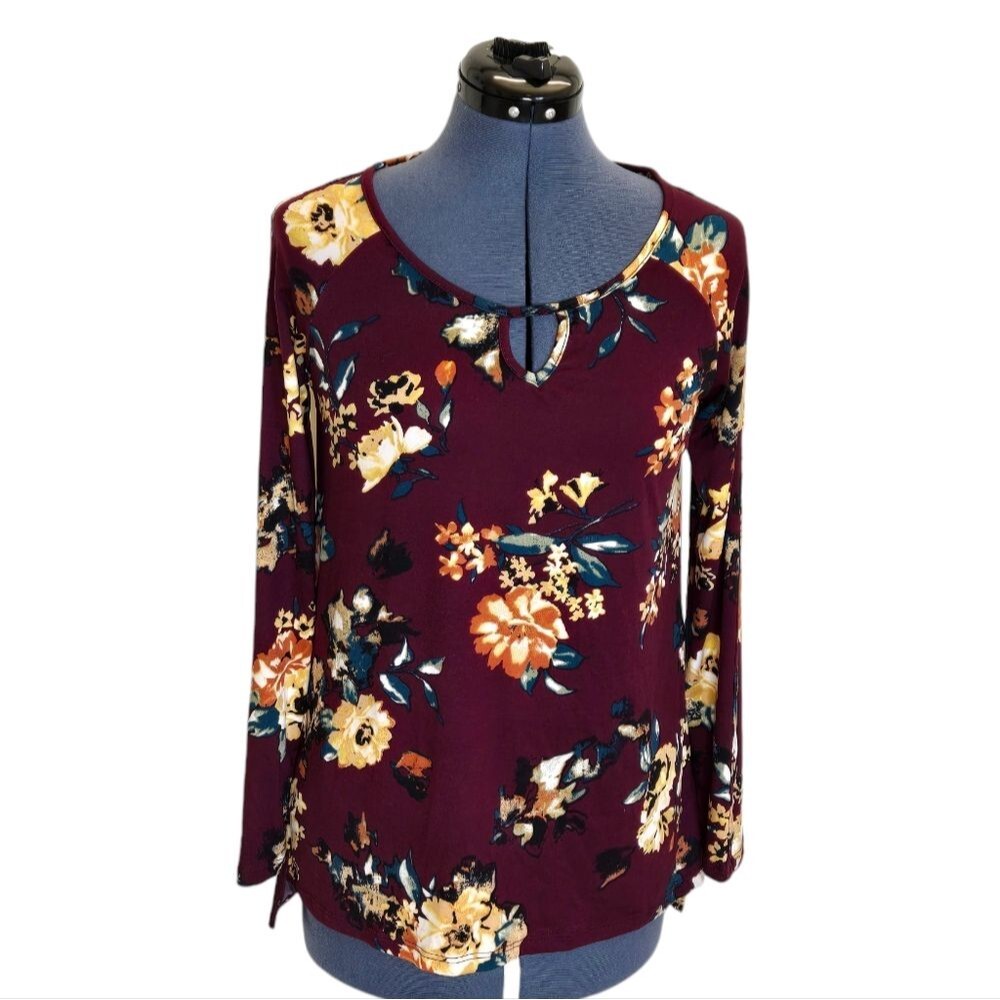 New York Laundry burgundy red floral print long sleeve shirt small